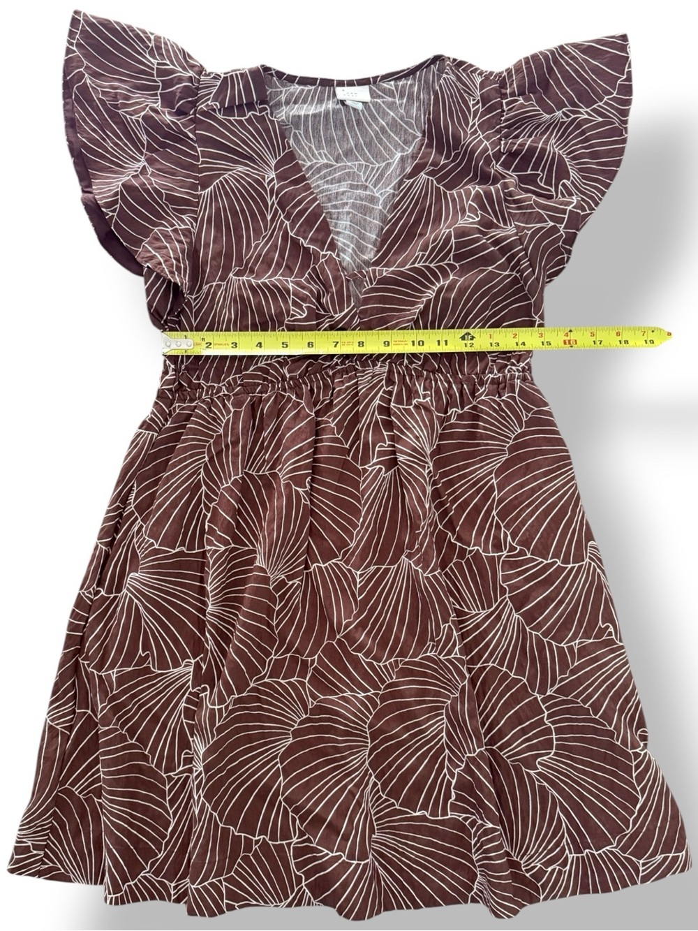 A New Day Brown Leaf Print Mini Dress Small Flutter Sleeve V-Neck - Picture 5 of 8